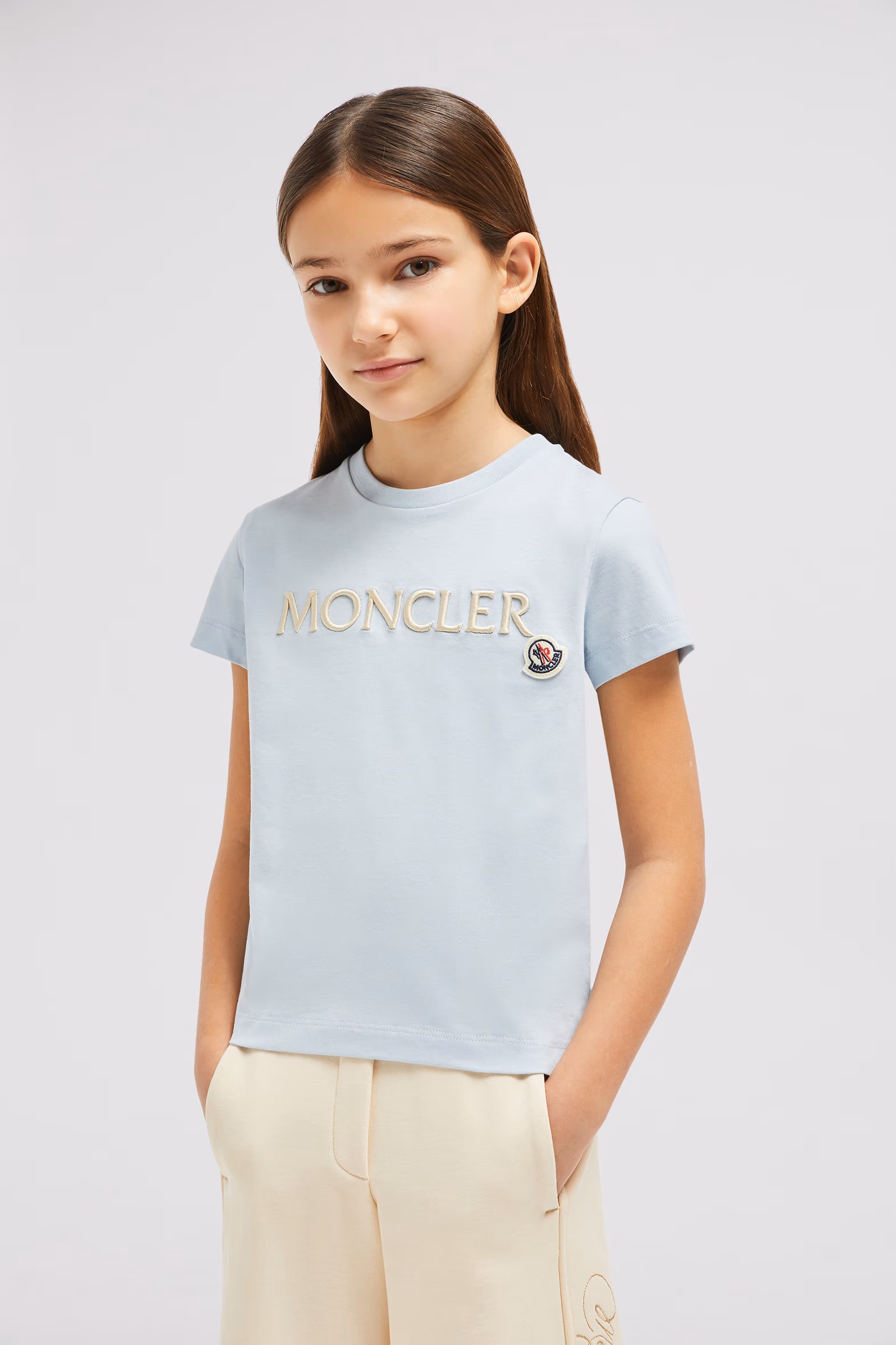 Embroidered Logo Cotton T-Shirt Girl Light Blue Moncler 2